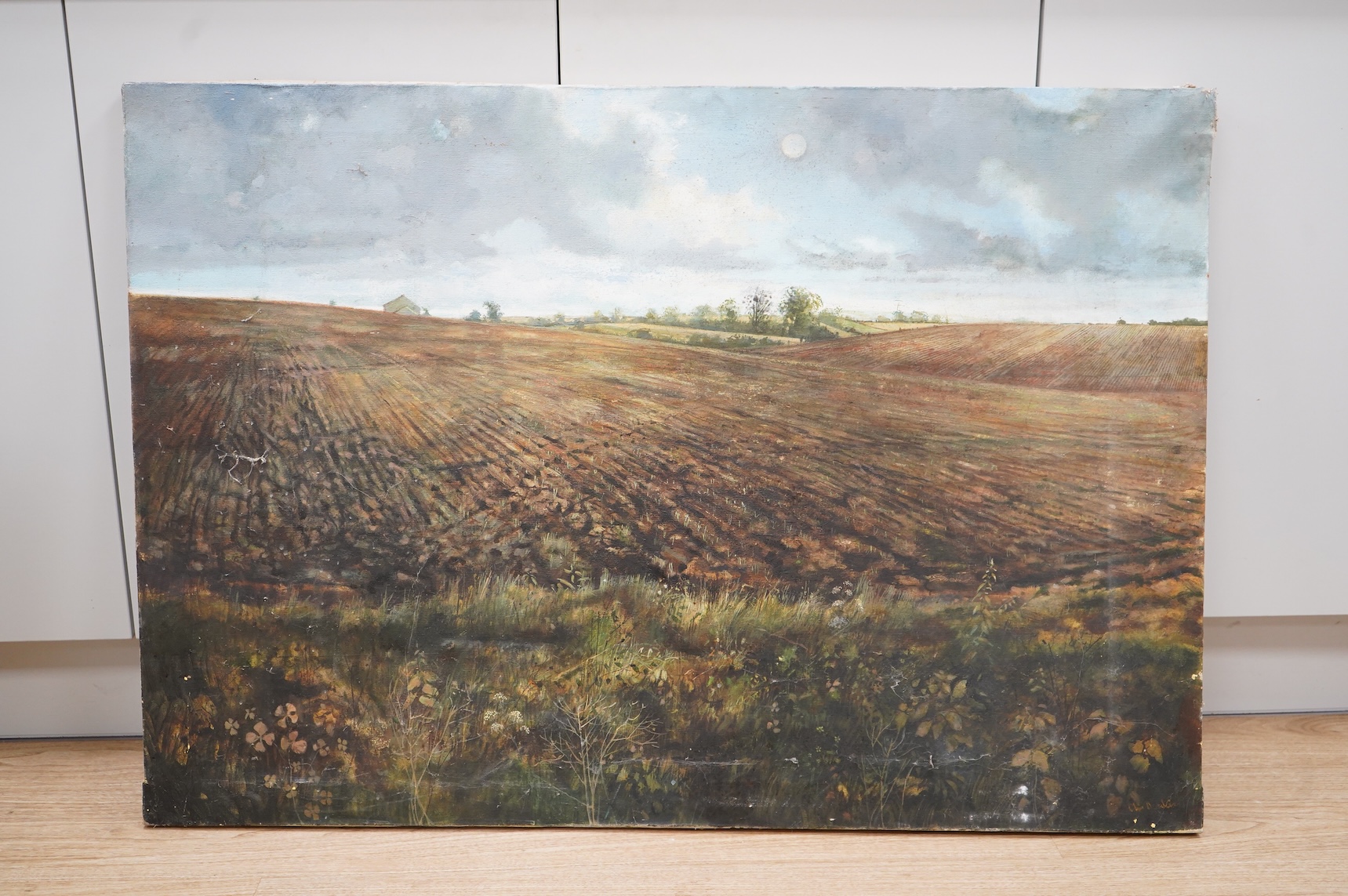 Chris Deakin (1946-2007), Rural landscape and Portrait of a young gentleman, one signed, two Modern British oils on canvas, unframed, largest 77 x 111cm